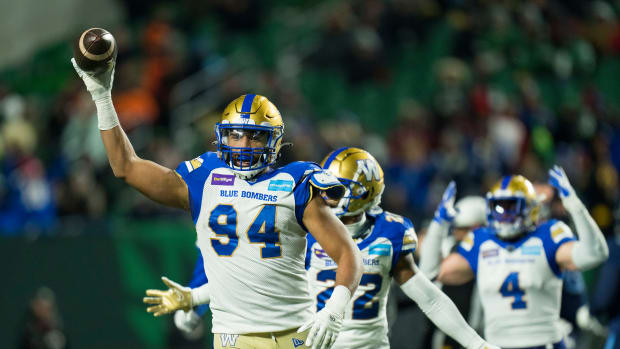 Nov 20, 2022; Regina, Saskatchewan, CAN; Winnipeg Blue Bombers defensive lineman Jackson Jeffcoat (94) celebrates his fumble recovery from his sack on Toronto Argonauts quarterback McLeod Bethel-Thompson (not pictured) during the first half at Mosaic Stadium. Mandatory Credit: Bob Frid-USA TODAY Sports  